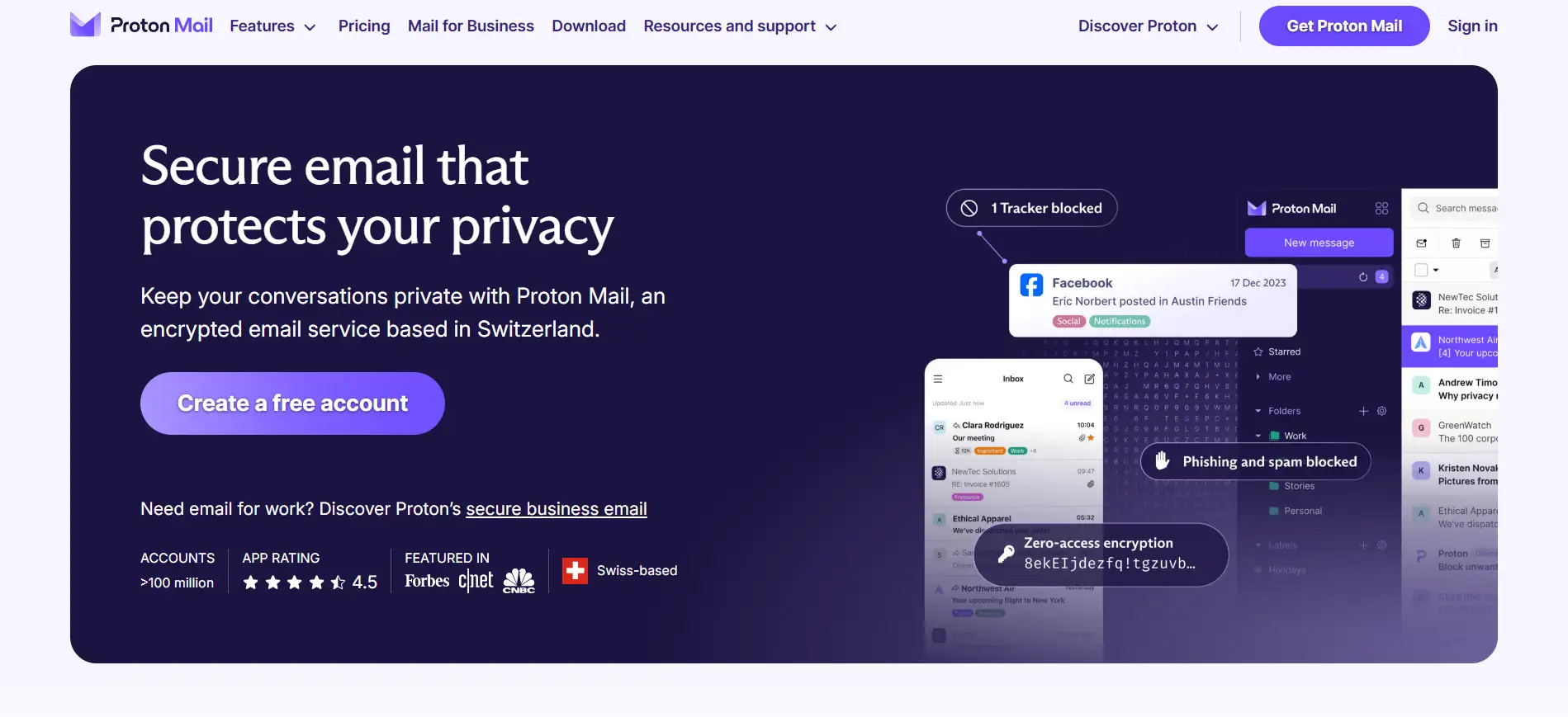 protonmail homepage featuring a cta button