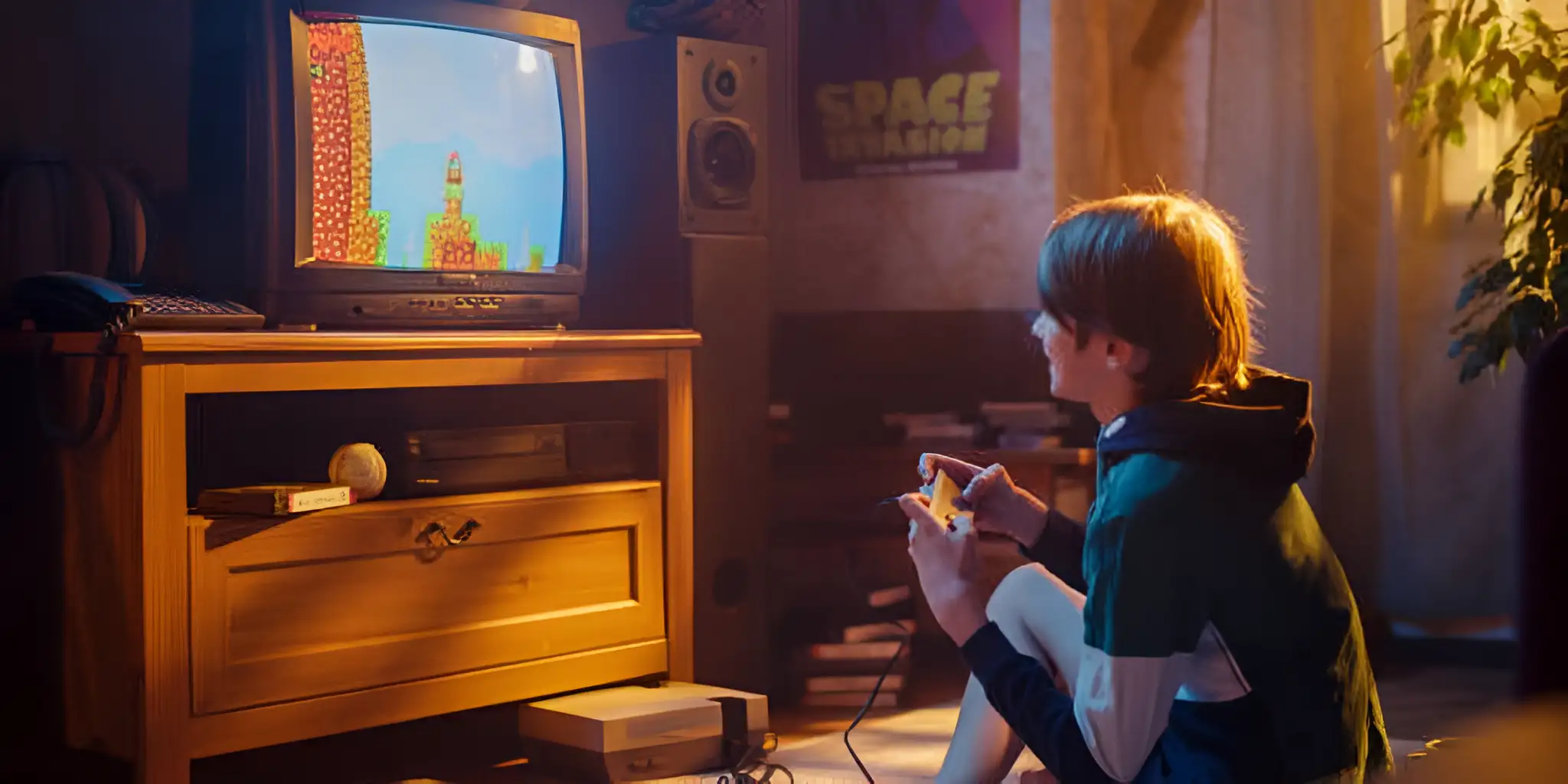 a boy sitting and playing the gamecube