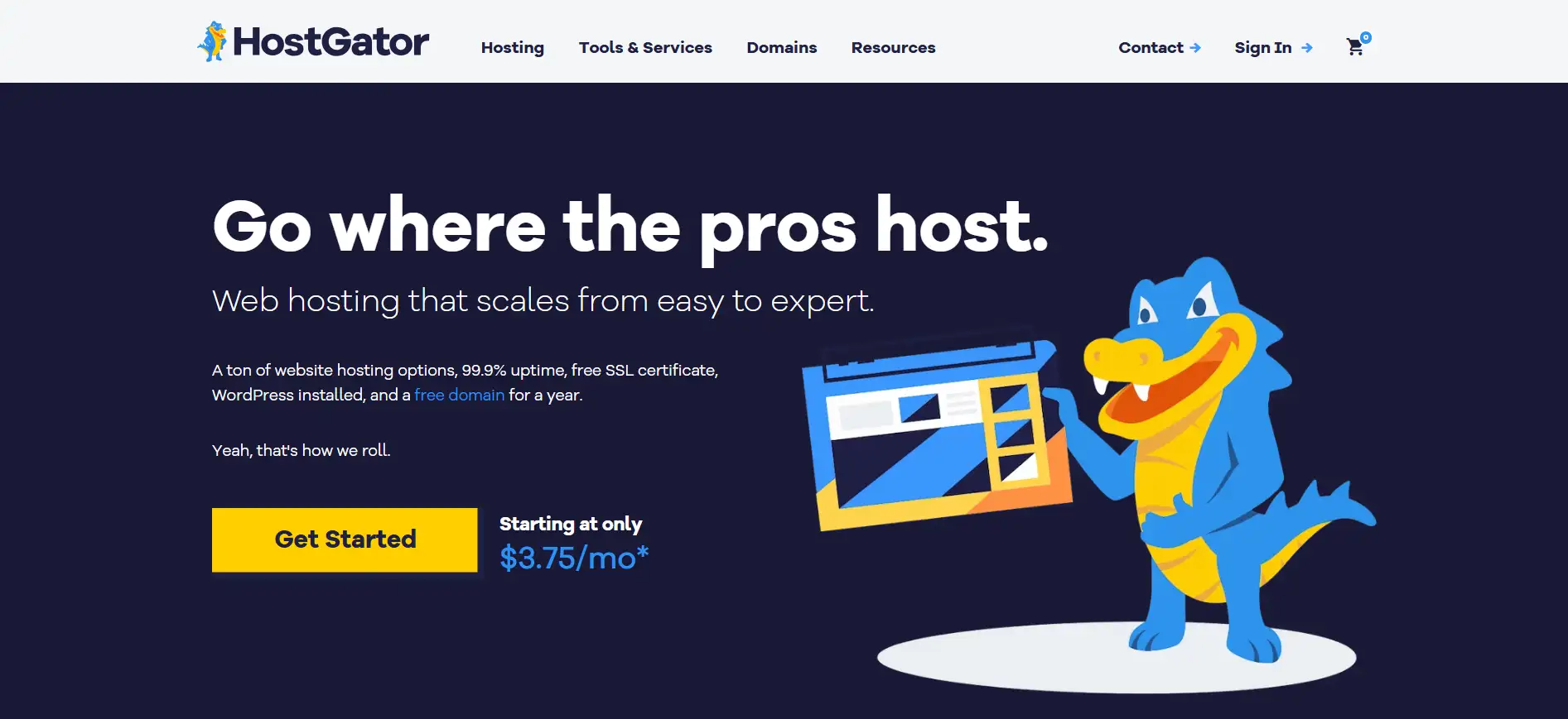 hostgator landing page with a mascot