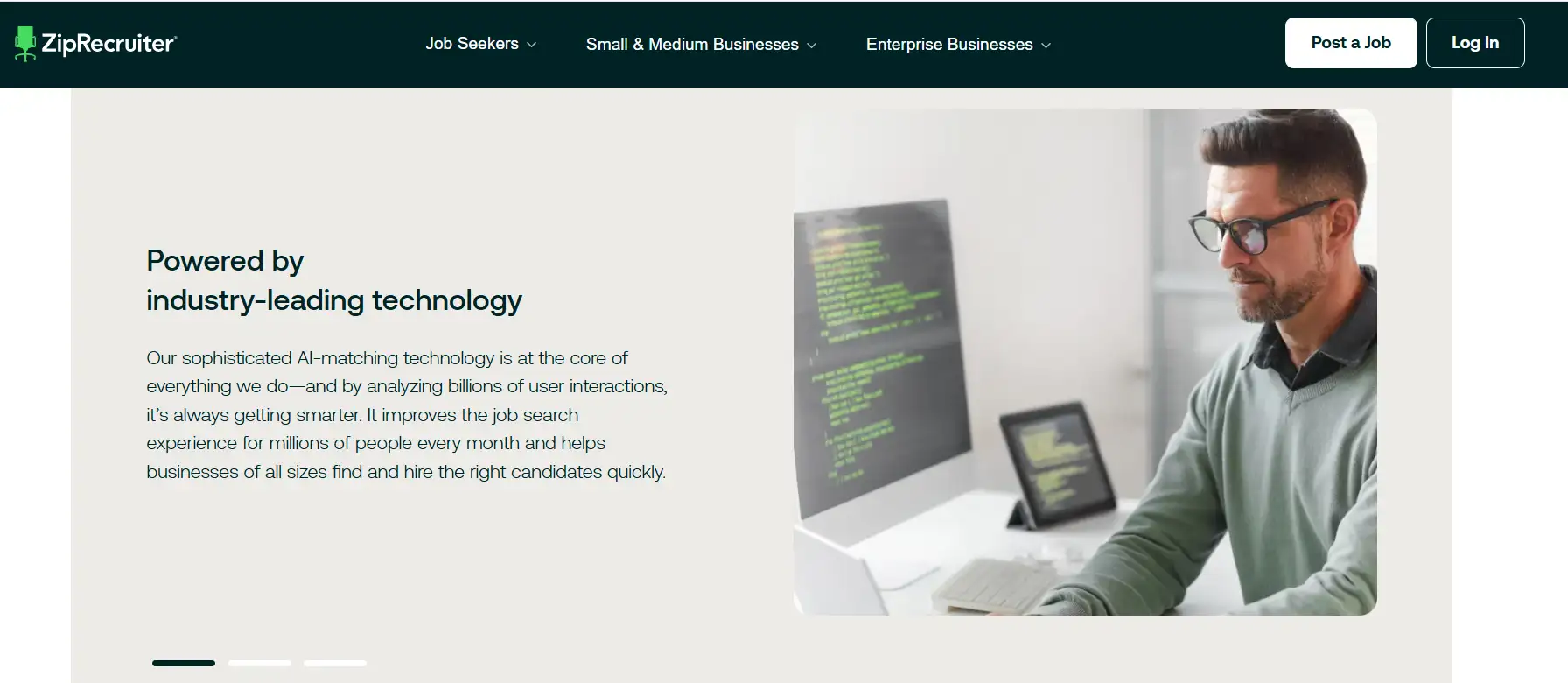 ZipRecruiter homepage: Man coding with AI technology. ZipRecruiter homepage: Man coding with AI technology.