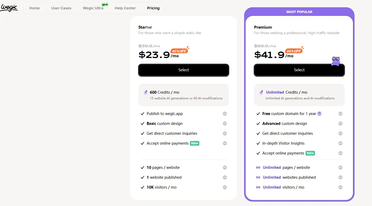 Wegic pricing comparison of Starter vs. Premium plans.