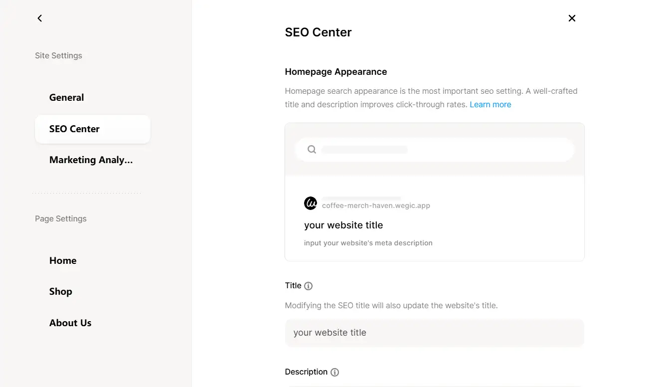 The SEO center in the site setting page on Wegic