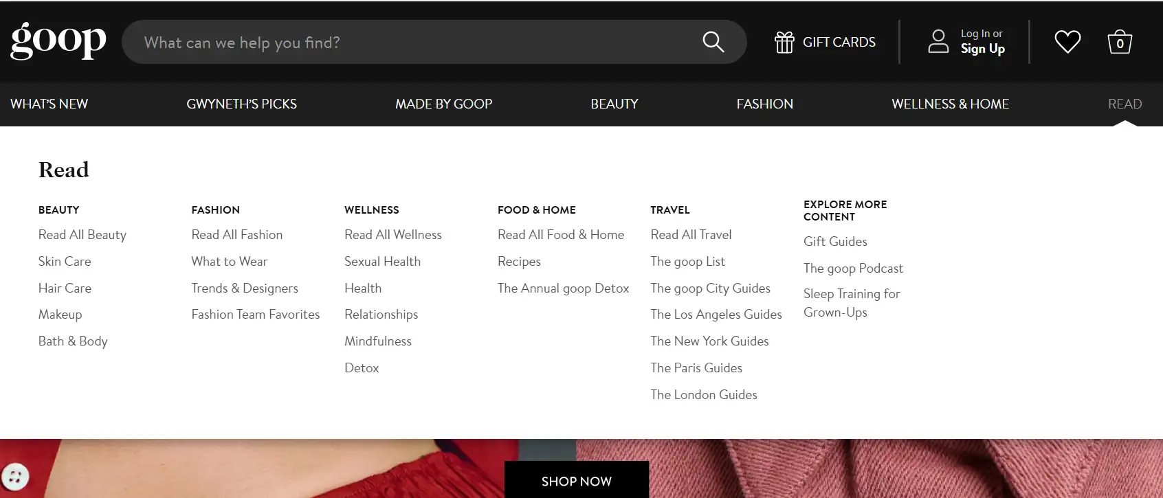 a blog navigation bar segmented into distinct modules on Goop