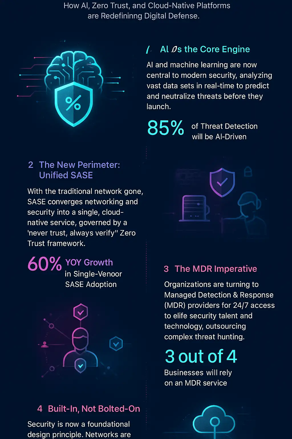 An infographic summarizing major 2025 cybersecurity trends, highlighting the growth of AI in cybersecurity tools, Zero Trust adoption, and the rise of MDR. An infographic summarizing major 2025 cybersecurity trends, highlighting the growth of AI in cybersecurity tools, Zero Trust adoption, and the rise of MDR.