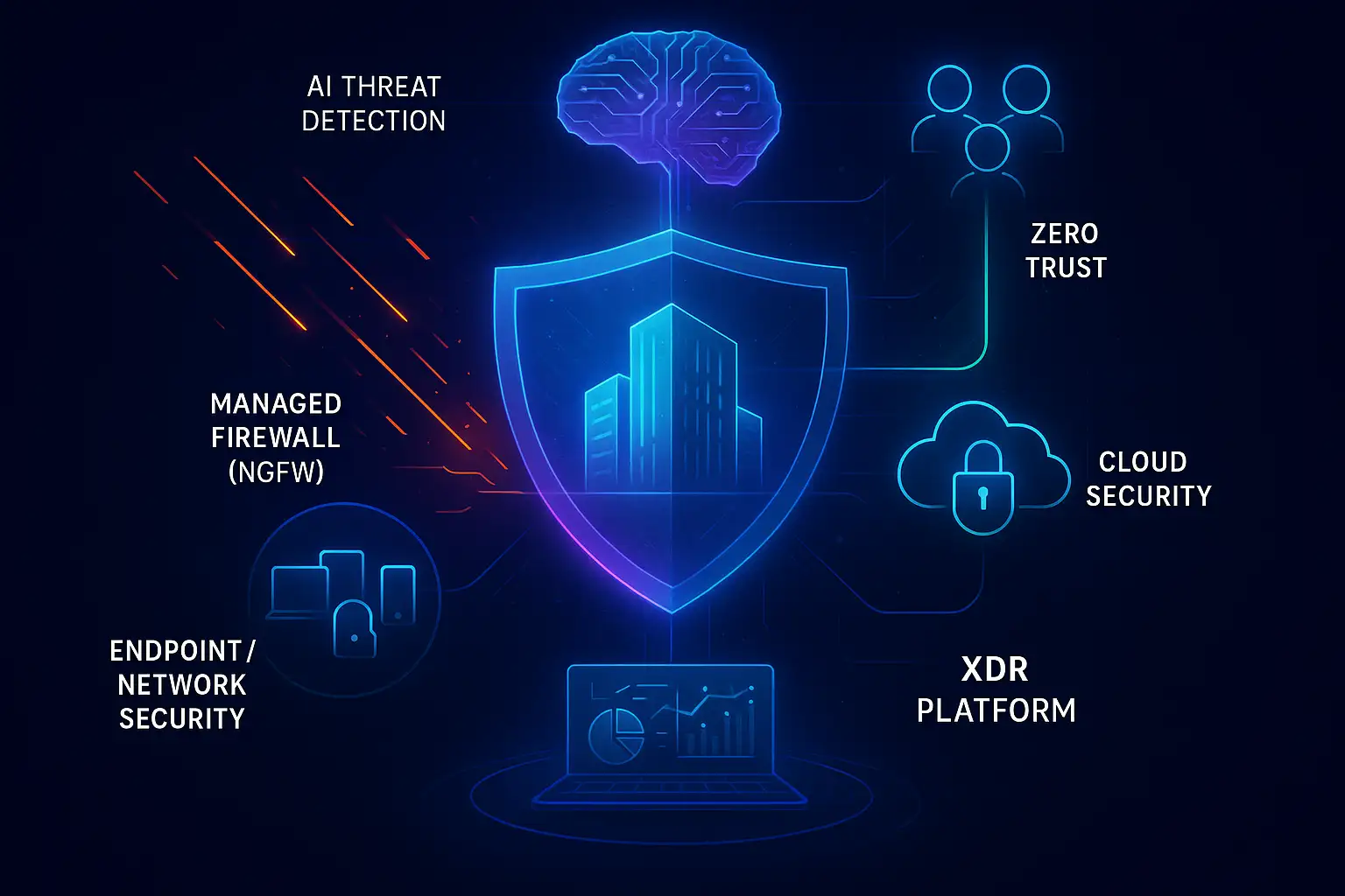 Icons showing core network security services like a managed firewall, cloud security, AI threat detection, and Zero Trust authentication.