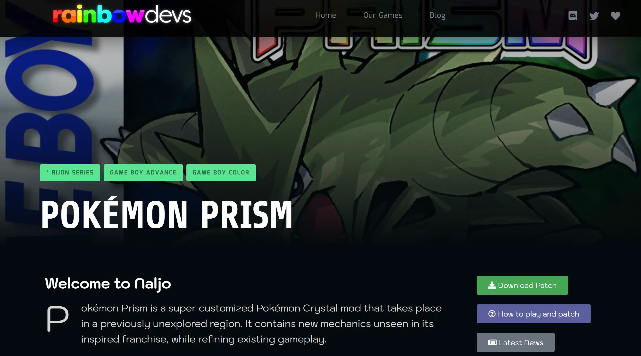 Pokémon Prism download page on rainbowdevs