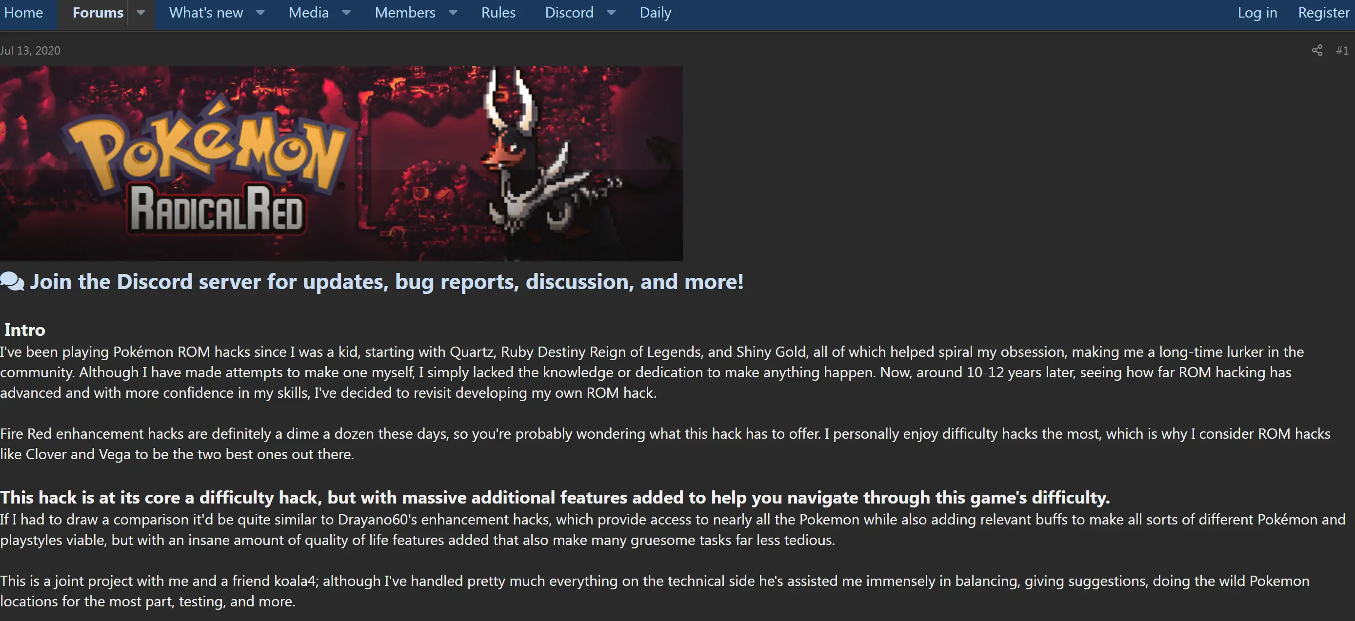 A forum web page about Pokémon Radical Red