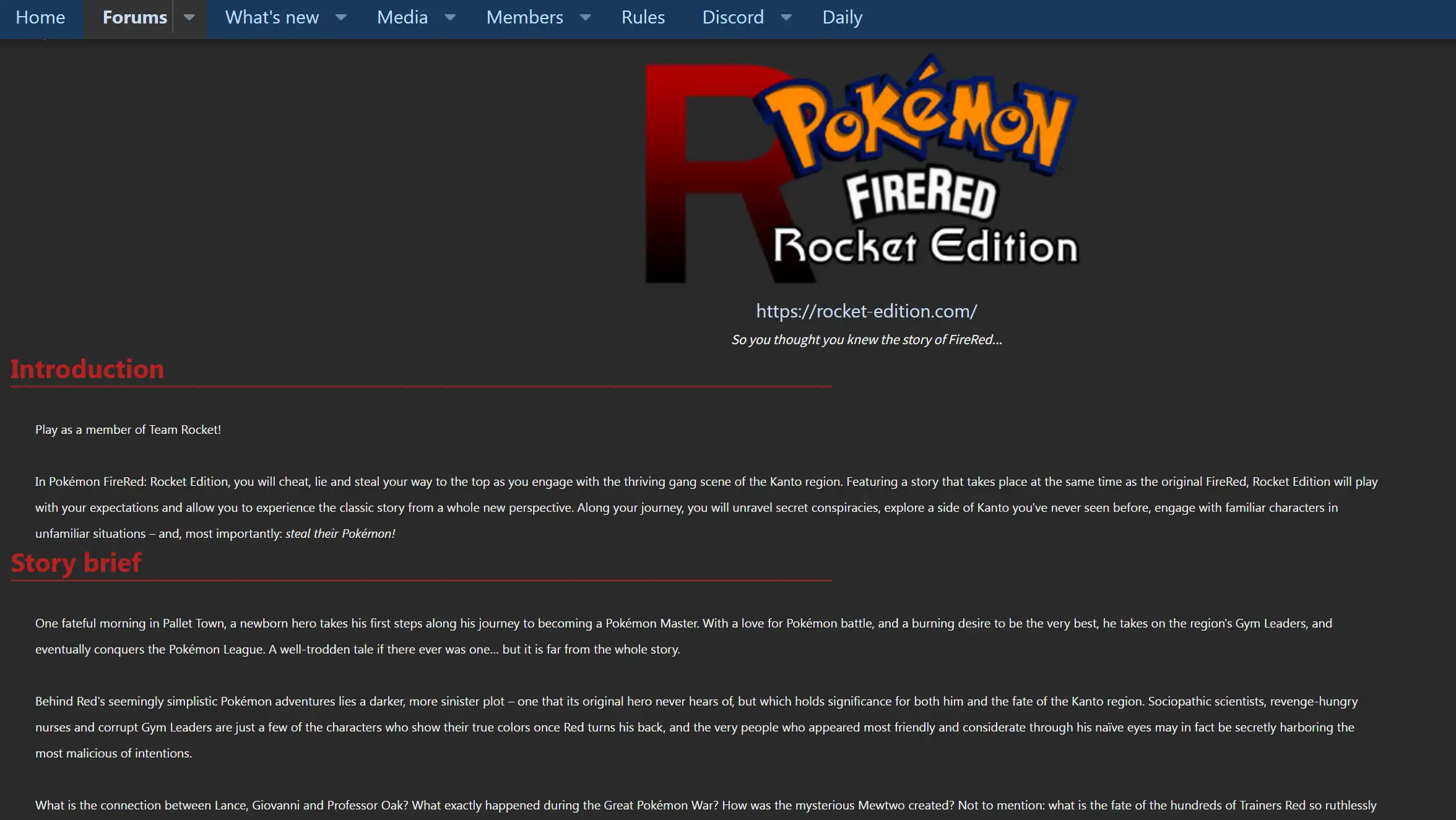 The forum web page about Pokémon FireRed: Rocket Edition
