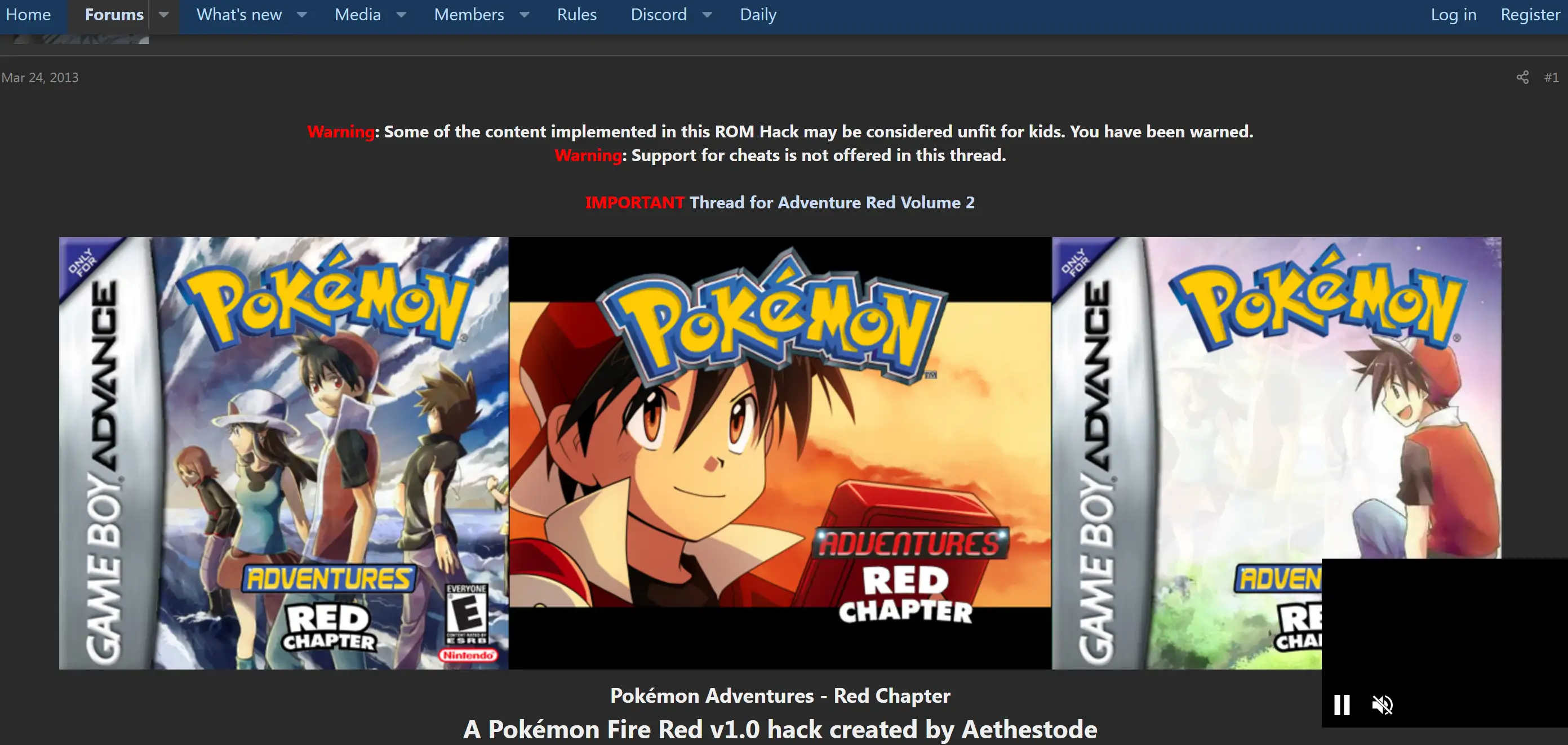 Forum web page about Pokémon Adventure Red
