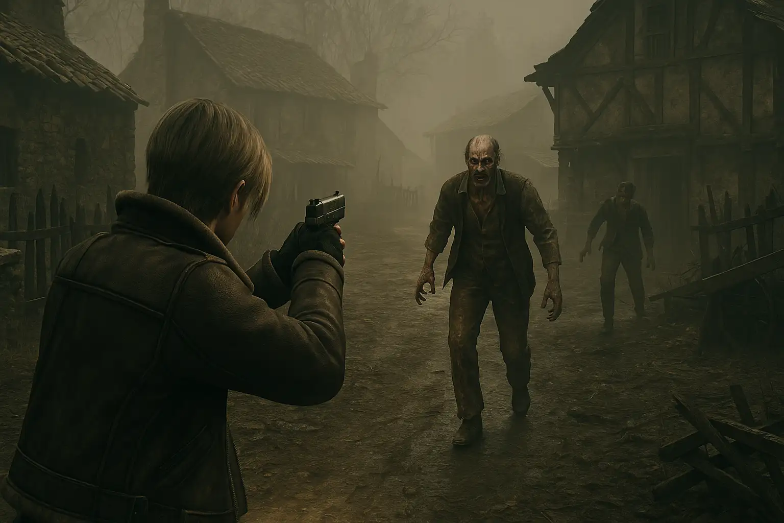 Third-person view of a hero aiming at a mutant in a foggy, ruined village inspired by Resident Evil 4 Third-person view of a hero aiming at a mutant in a foggy, ruined village inspired by Resident Evil 4