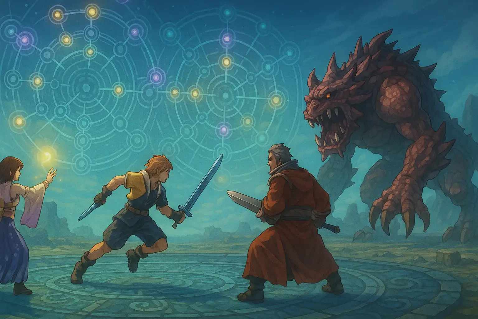 Final Fantasy X turn-based combat interface with Tidus, Yuna, and Auron battling a monster using the Sphere Grid strategy Final Fantasy X turn-based combat interface with Tidus, Yuna, and Auron battling a monster using the Sphere Grid strategy