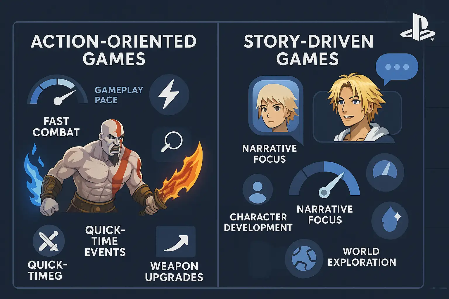 Infographic comparing action-heavy PS2 games like God of War II with story-driven Infographic comparing action-heavy PS2 games like God of War II with story-driven