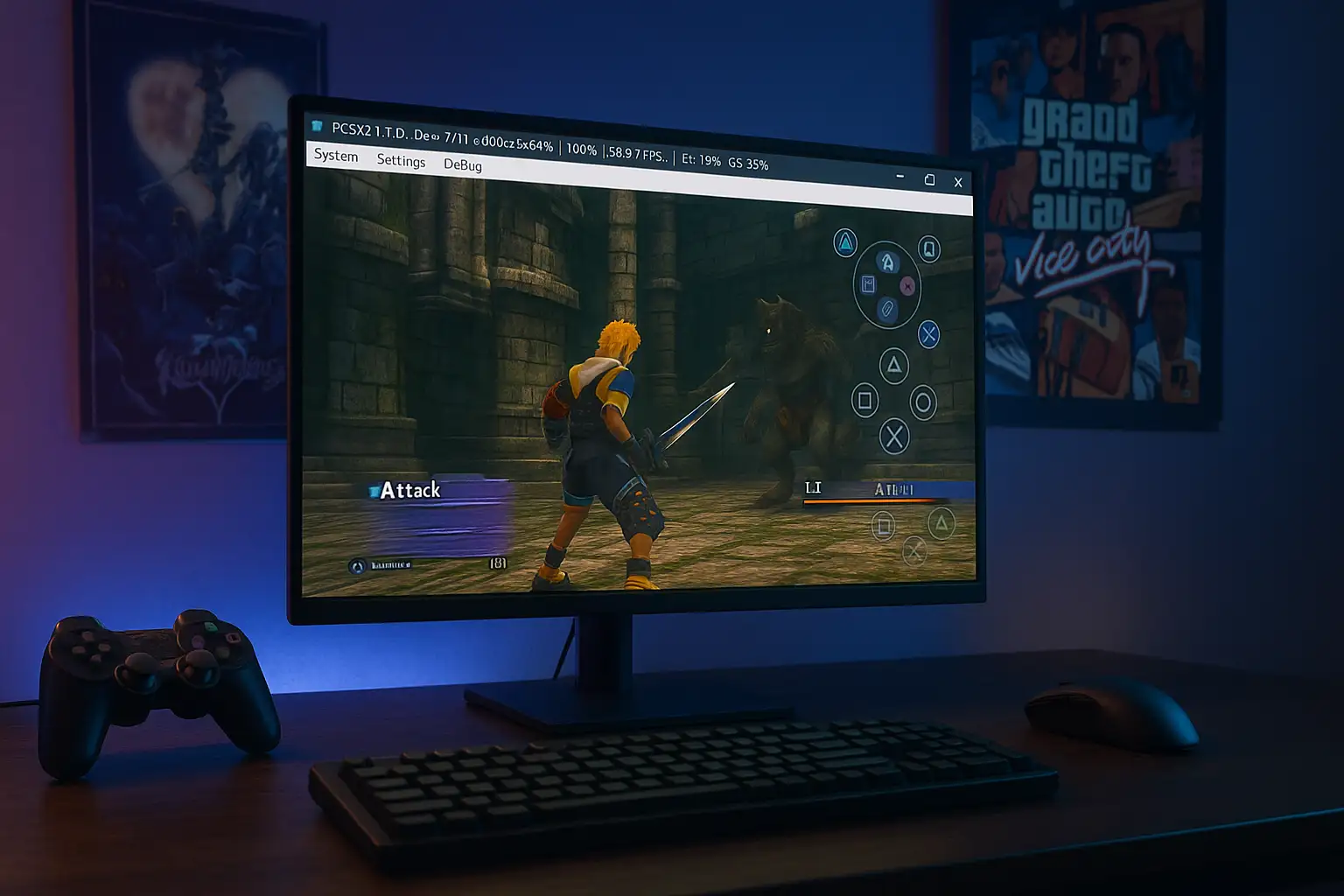 PCSX2 emulator displaying a classic PlayStation 2 game in enhanced resolution with controller setup visible on screen PCSX2 emulator displaying a classic PlayStation 2 game in enhanced resolution with controller setup visible on screen