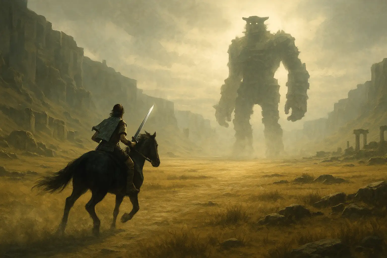 Shadow of the Colossus gameplay showing Wander riding Agro toward a giant stone colossus in a vast Shadow of the Colossus gameplay showing Wander riding Agro toward a giant stone colossus in a vast