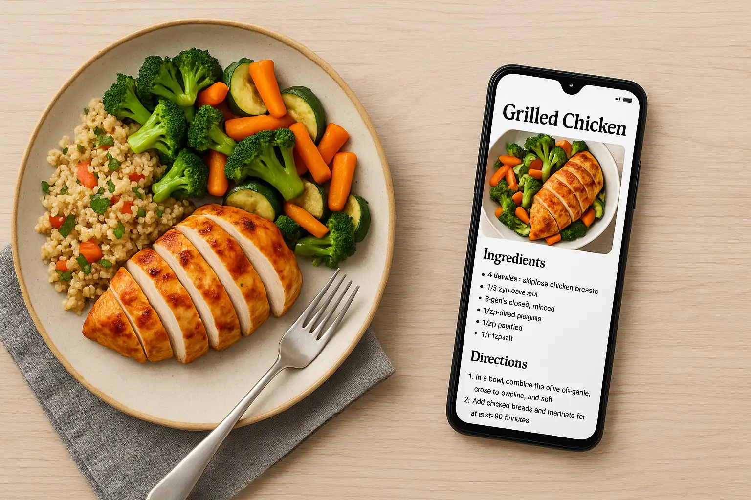 A finished meal next to a phone showing the recipe