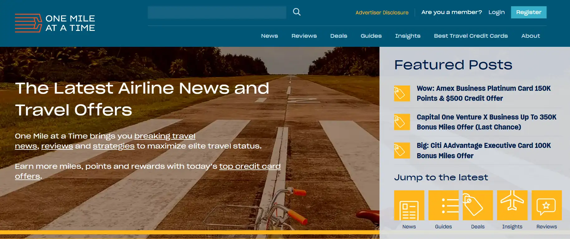 The homepage of the One Mile at a Time travel blog website