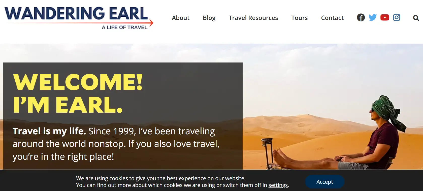 The homepage of the Wandering Earl travel blog website