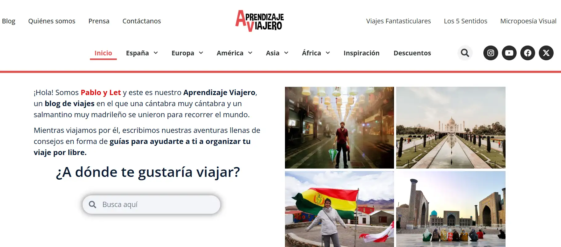 The homepage of the Aprendizaje Viajero travel blog website