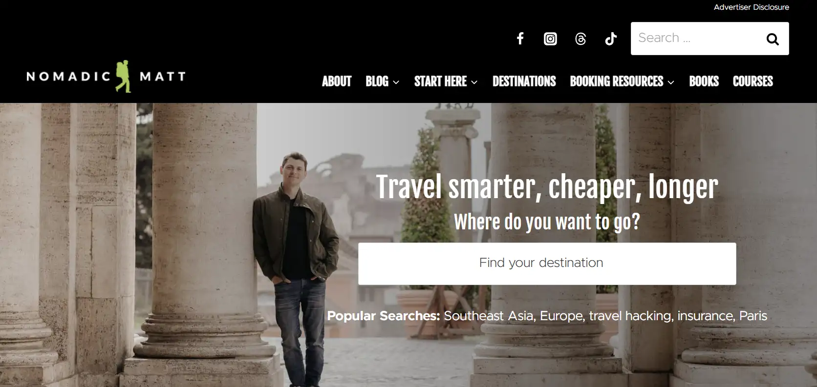 The homepage of the Nomadic Matt travel blog website