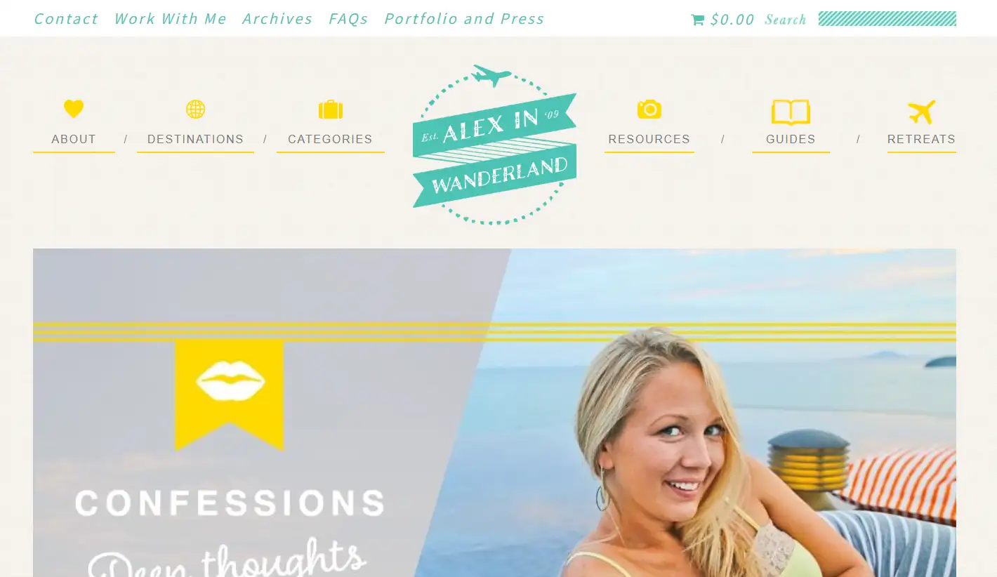 The homepage of the Alex in Wanderland travel blog website