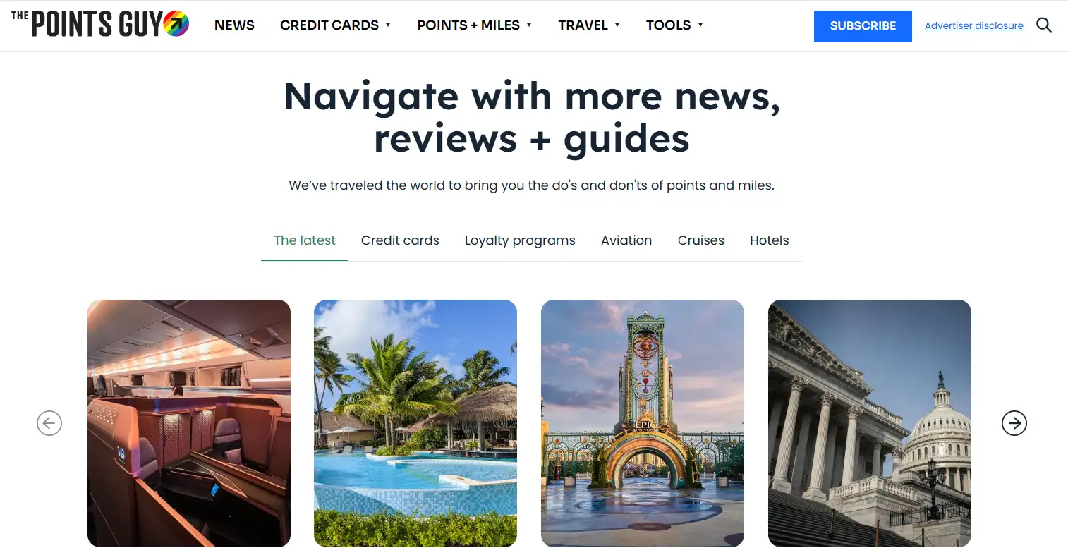 The homepage of The Points Guy travel blog website