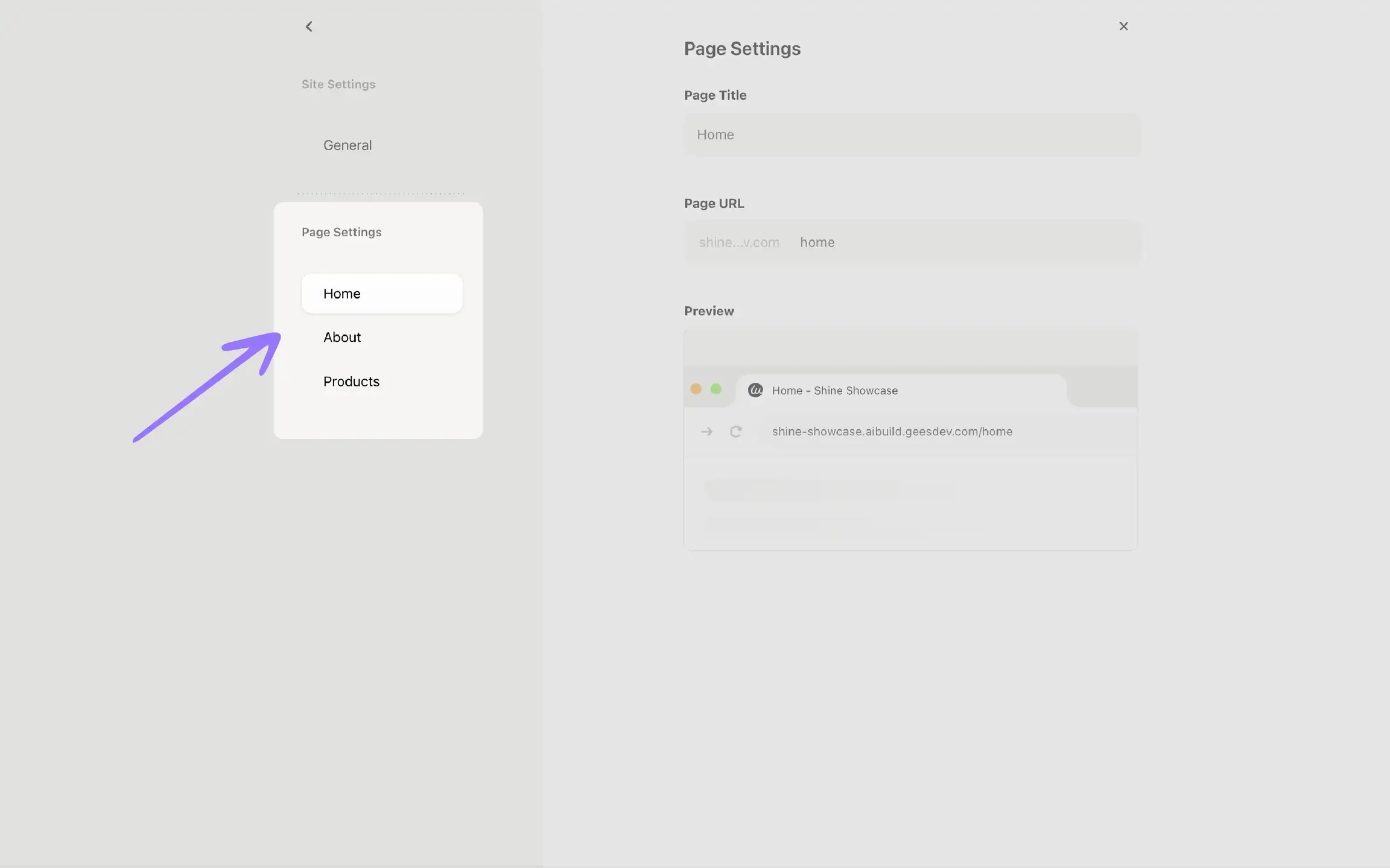 a purple arrow points to the Page Settings module within Wegic