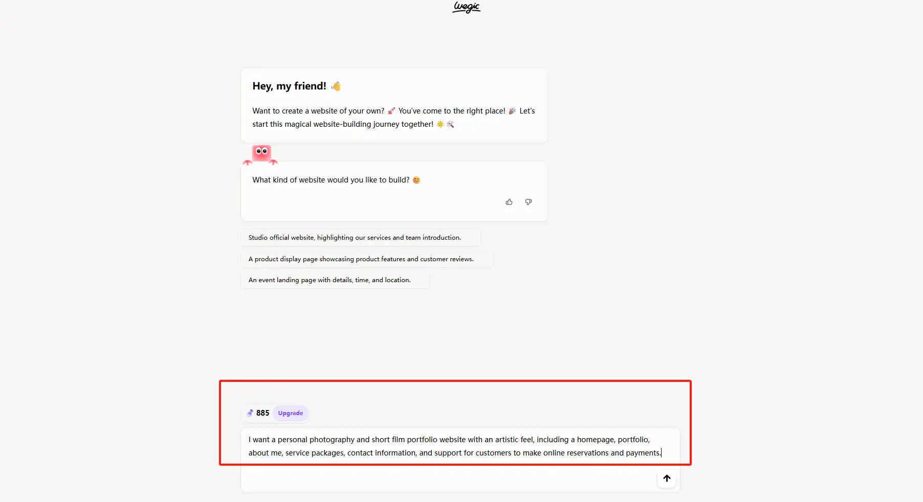 describe your website building requirements to AI