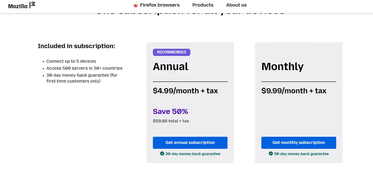 mozilla vpn cost plan
