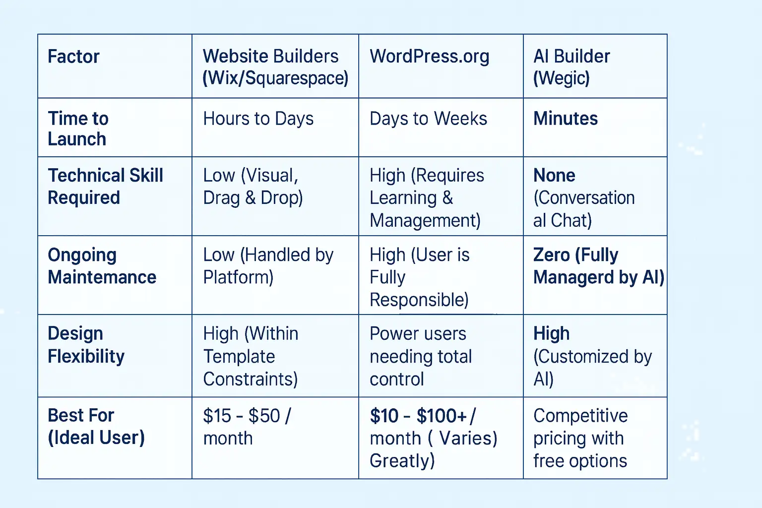 An infographic comparing website builders, WordPress, and AI builders for business, highlighting the pros and cons of each method An infographic comparing website builders, WordPress, and AI builders for business, highlighting the pros and cons of each method