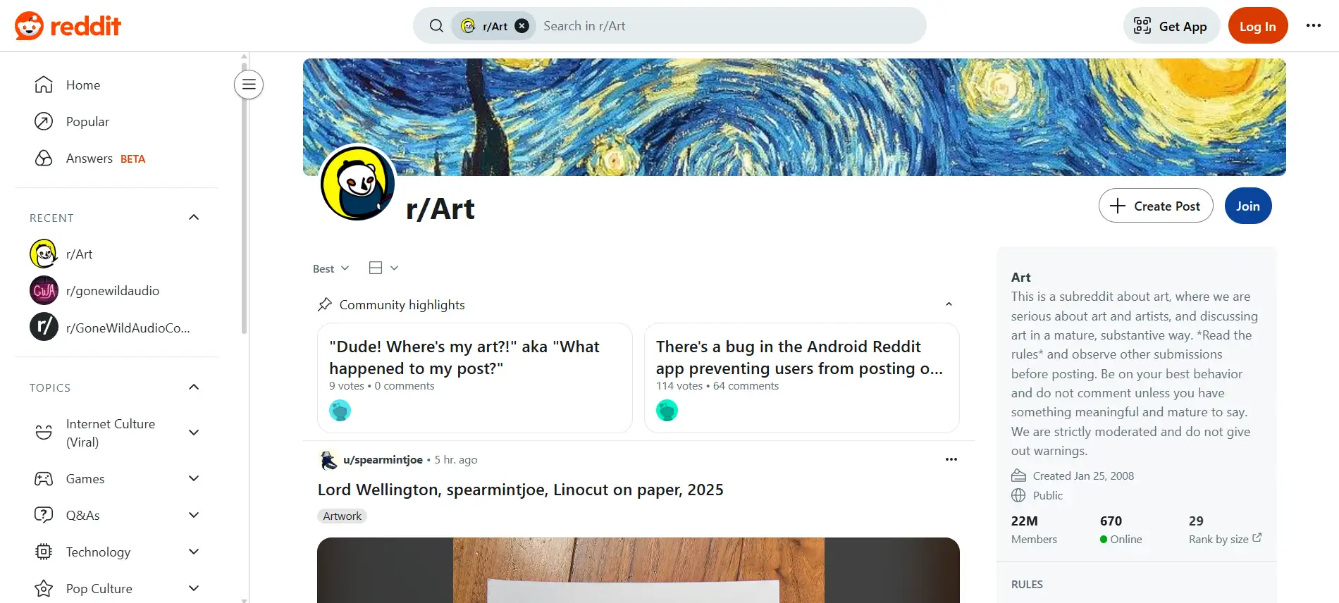 Screenshot of Reddit r/Art