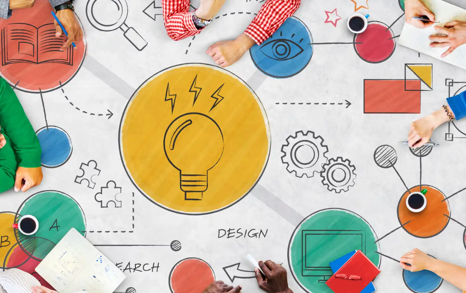 Team members brainstorming design with a light bulb idea