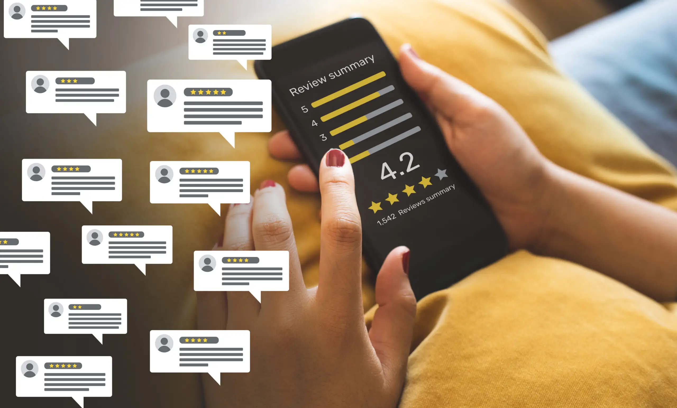 A business owner demonstrating good online reputation management by responding to a customer review. A business owner demonstrating good online reputation management by responding to a customer review.
