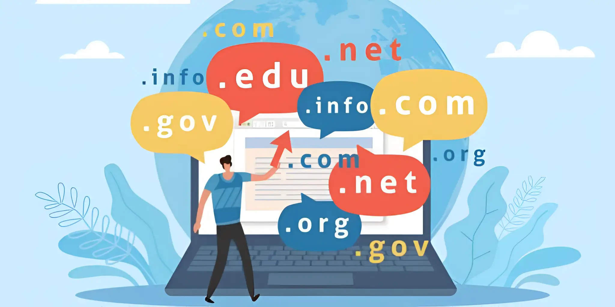man holding arrow pointing to multiple domain name suffixes