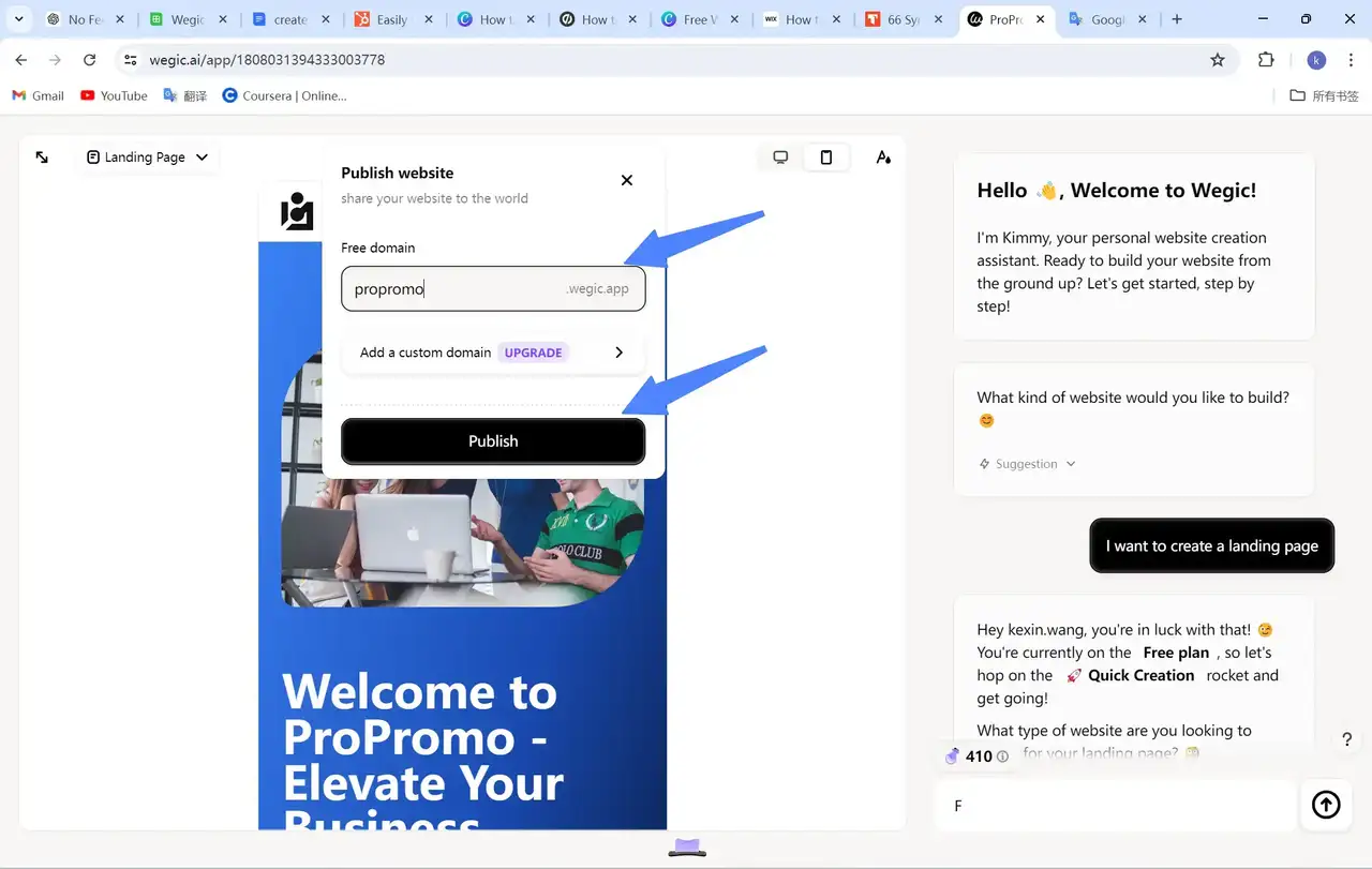 users can use a free domain or custom domain to publish the website quickly