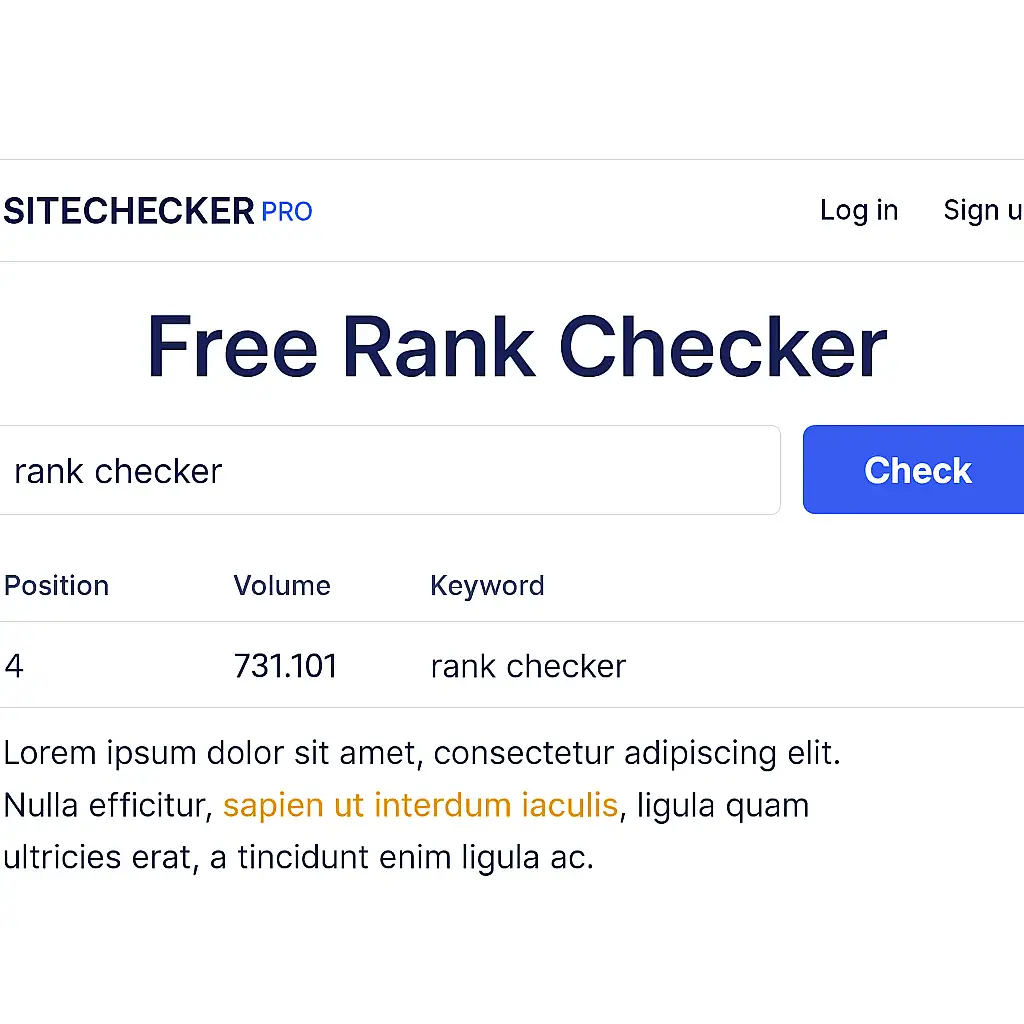 Sitechecker Pro's free rank checker tool interface showing keyword ranking results. Sitechecker Pro's free rank checker tool interface showing keyword ranking results.