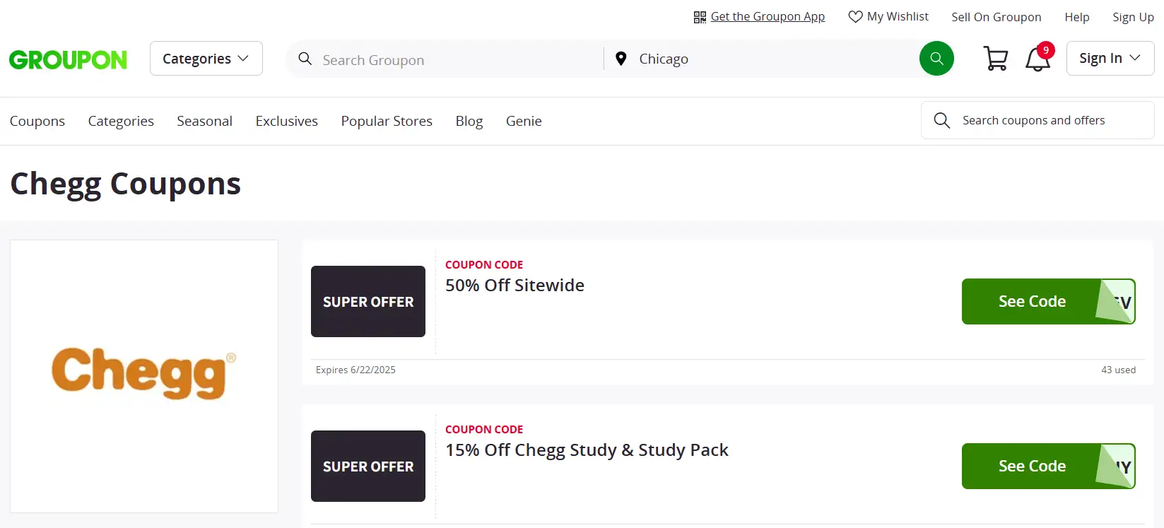 Chegg Coupons on the GROUPON platform