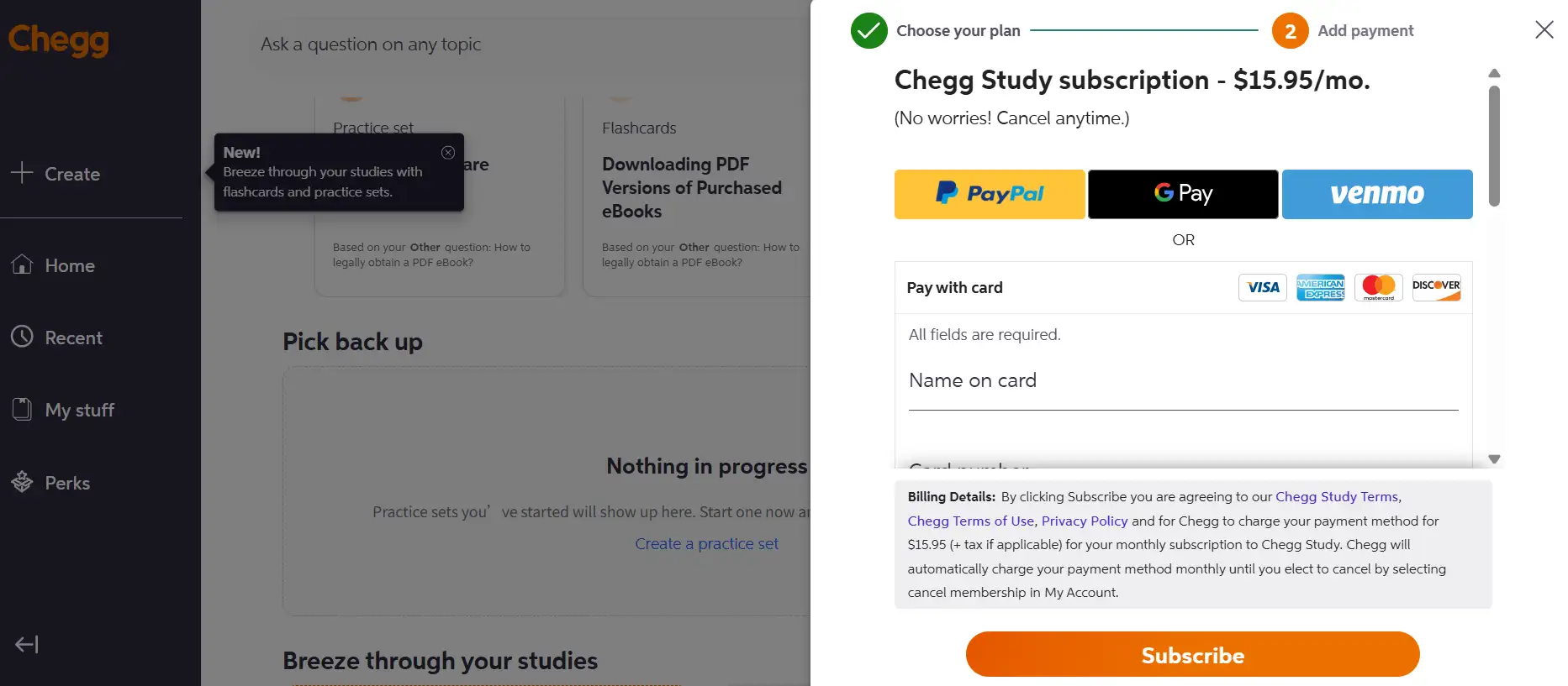 Chegg's payment interface required bank card information