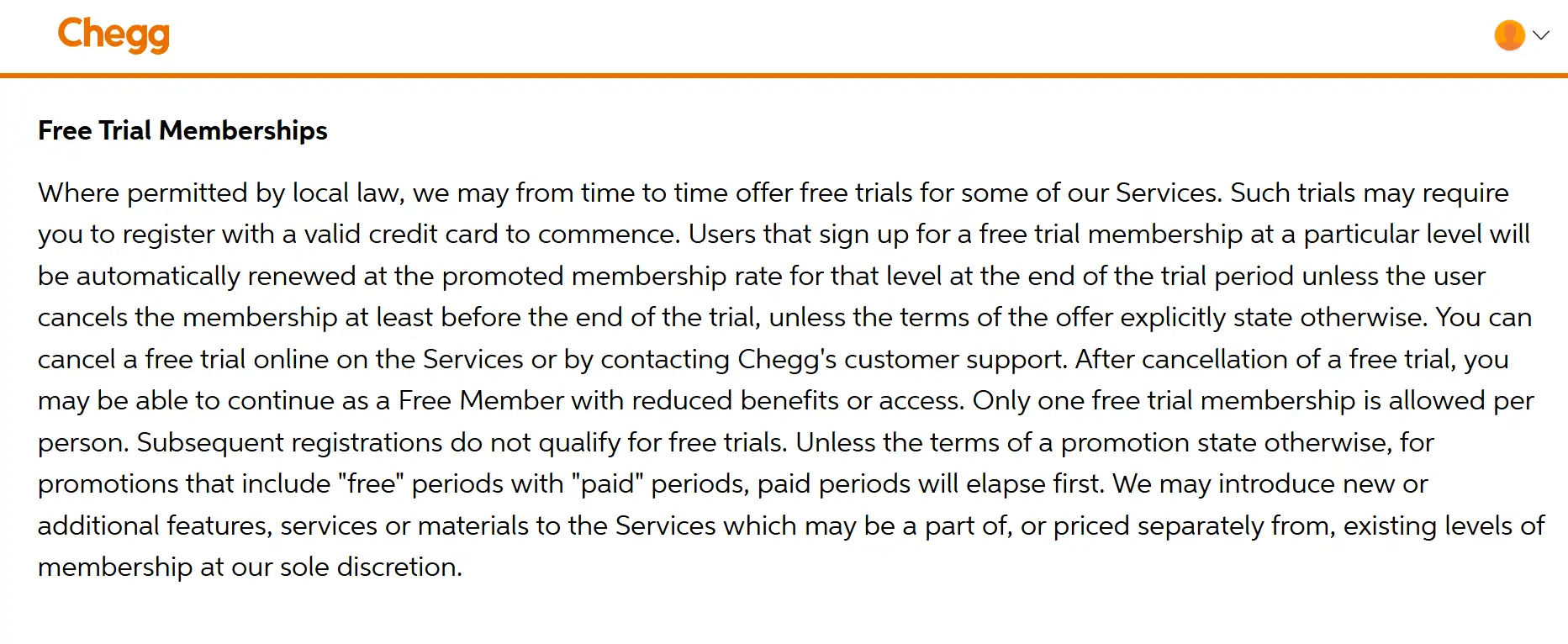 Chegg's terms of use for free trial memberships