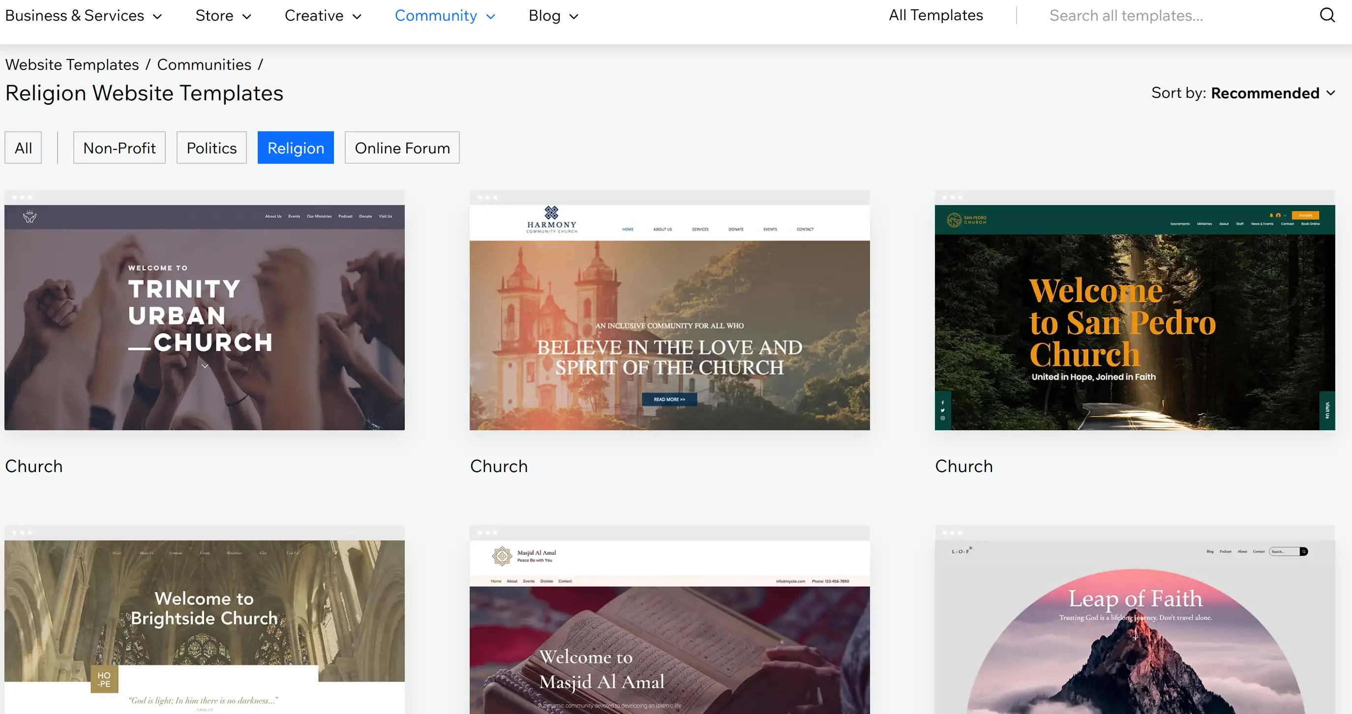 Wix's religion website template showcase