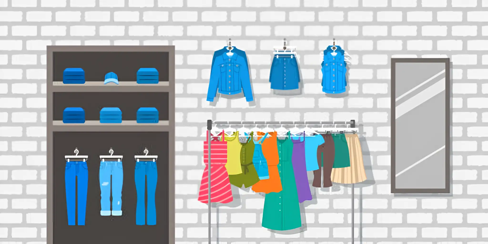 clothing store with clothes and pants hanging