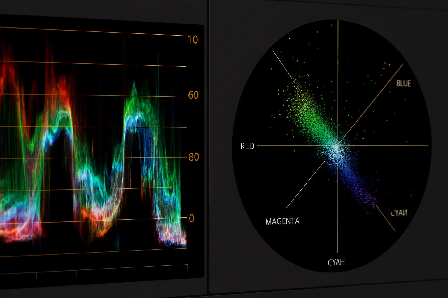 Video editor scopes showing waveform and vectorscope used in color correction Video editor scopes showing waveform and vectorscope used in color correction