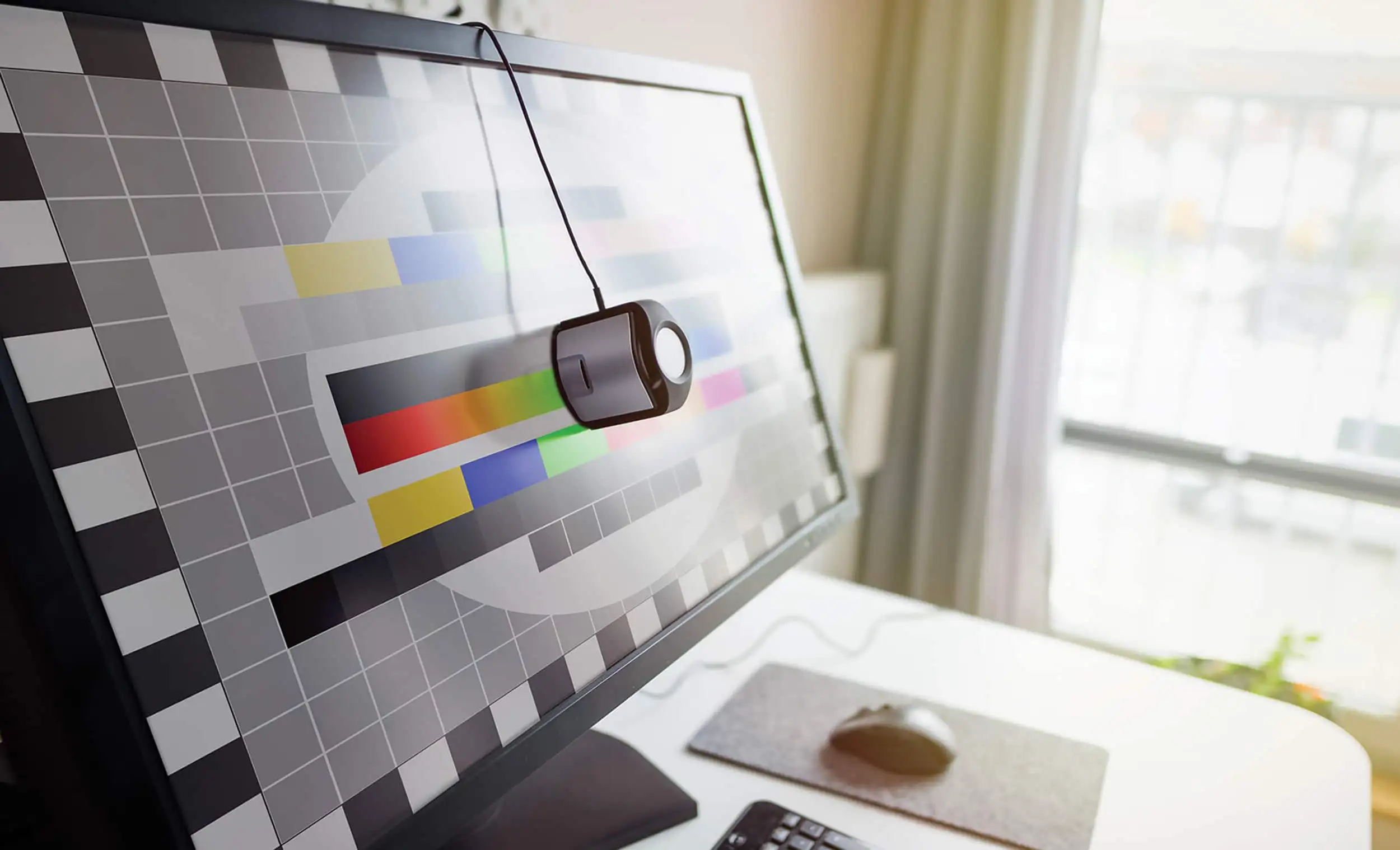 Video editing workspace showing a desk setup with a calibrated reference monitor for accurate color correction Common Mistakes to Avoid: Video editing workspace showing a desk setup with a calibrated reference monitor for accurate color correction Common Mistakes to Avoid: