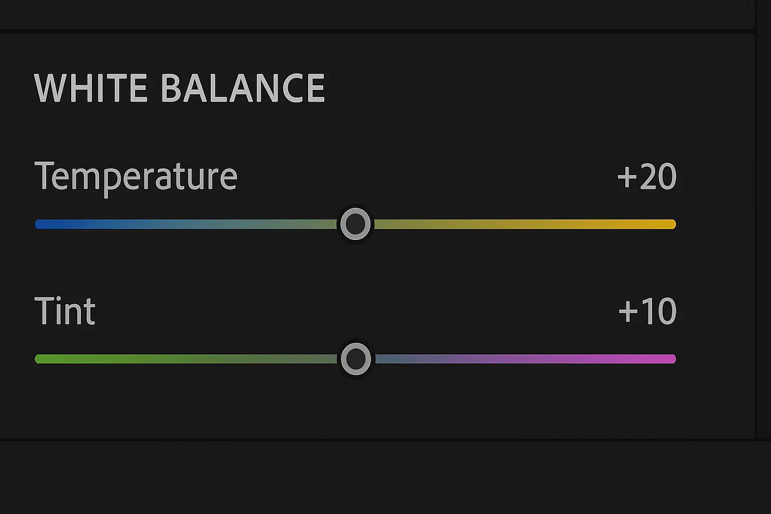 White balance correction sliders in a video editor, showing adjustments for temperature and tint White balance correction sliders in a video editor, showing adjustments for temperature and tint