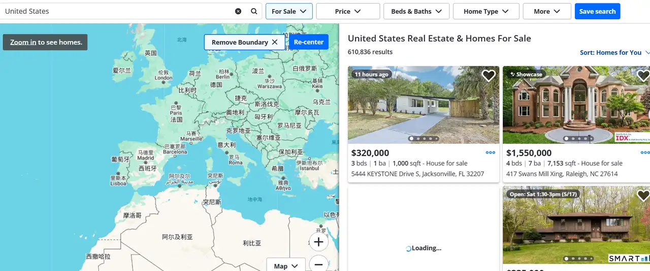 landing page of zillow