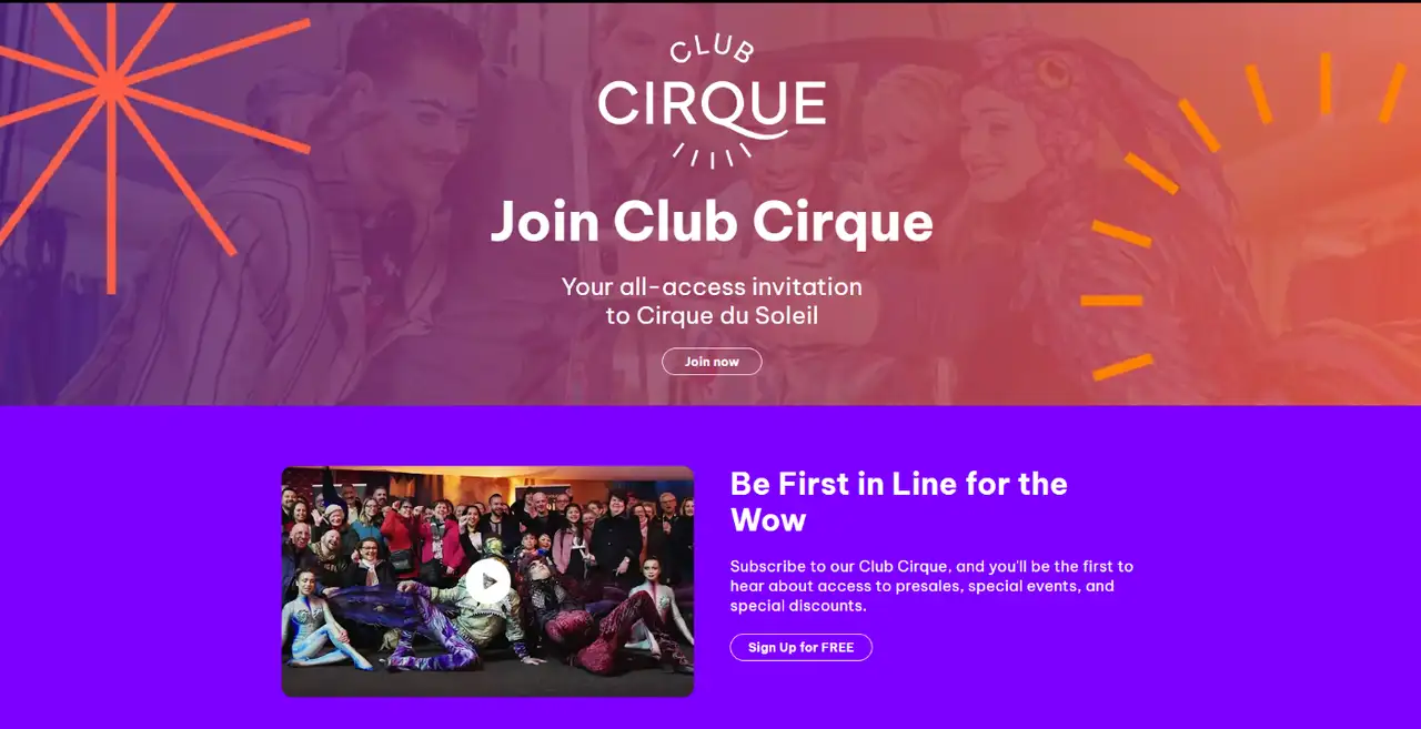 landing page of cirque du soleil