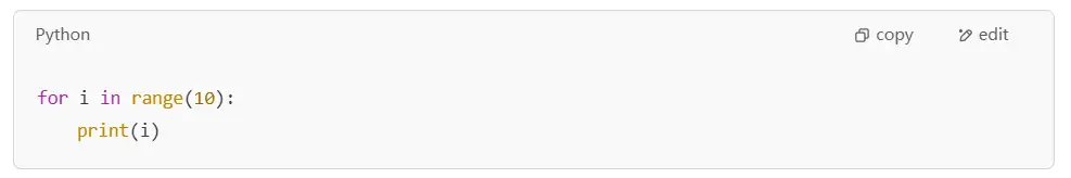 for i in range(10): code written in copilot