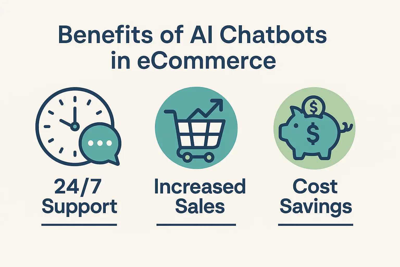 Infographic showing the benefits of an AI chatbot for eCommerce, including icons for 24/7 customer support, increased sales, and operational cost reduction. Infographic showing the benefits of an AI chatbot for eCommerce, including icons for 24/7 customer support, increased sales, and operational cost reduction.