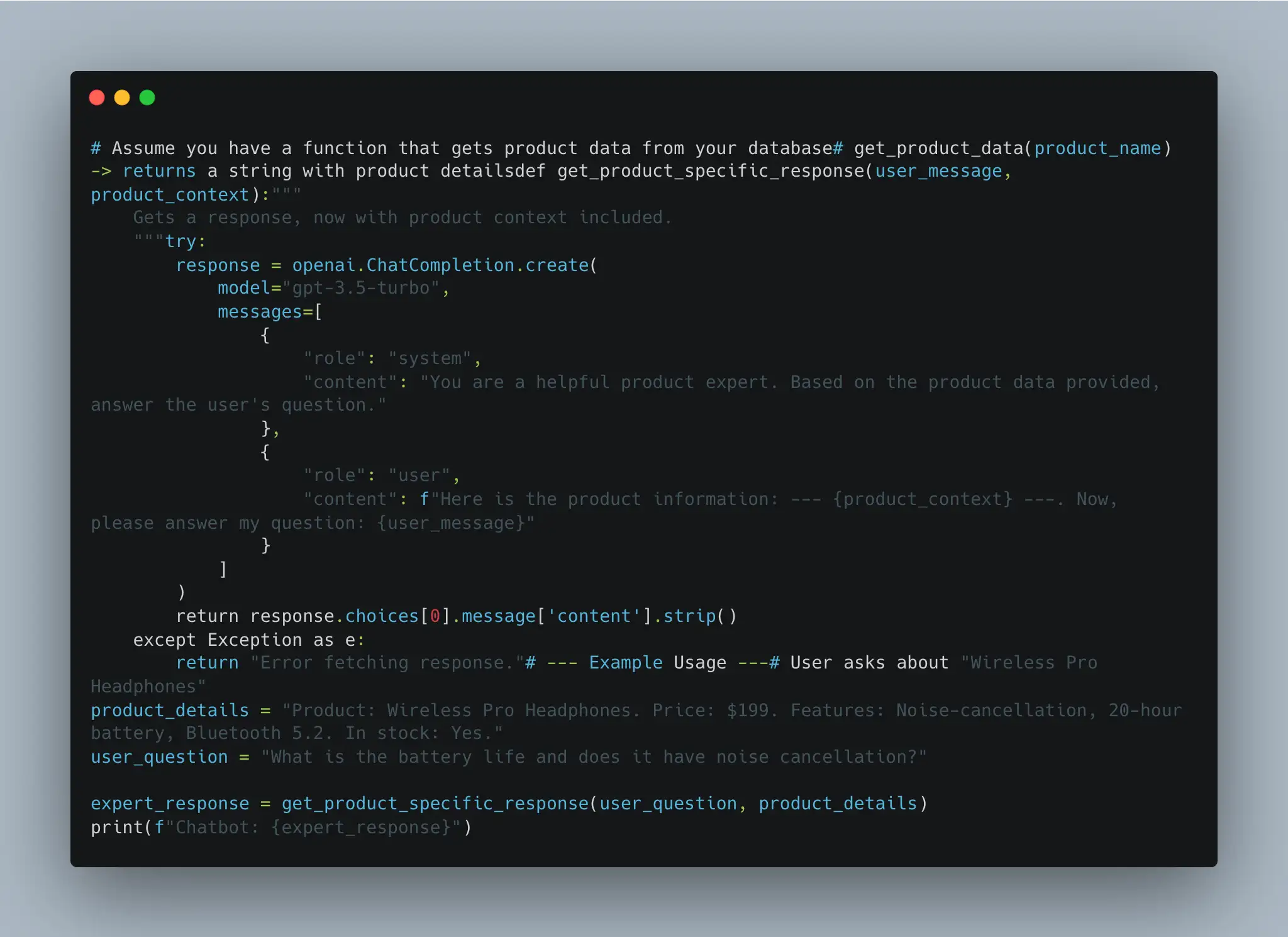 Python code showing how an AI chatbot uses product data to answer questions about items like Wireless Pro Headphones. Python code showing how an AI chatbot uses product data to answer questions about items like Wireless Pro Headphones.