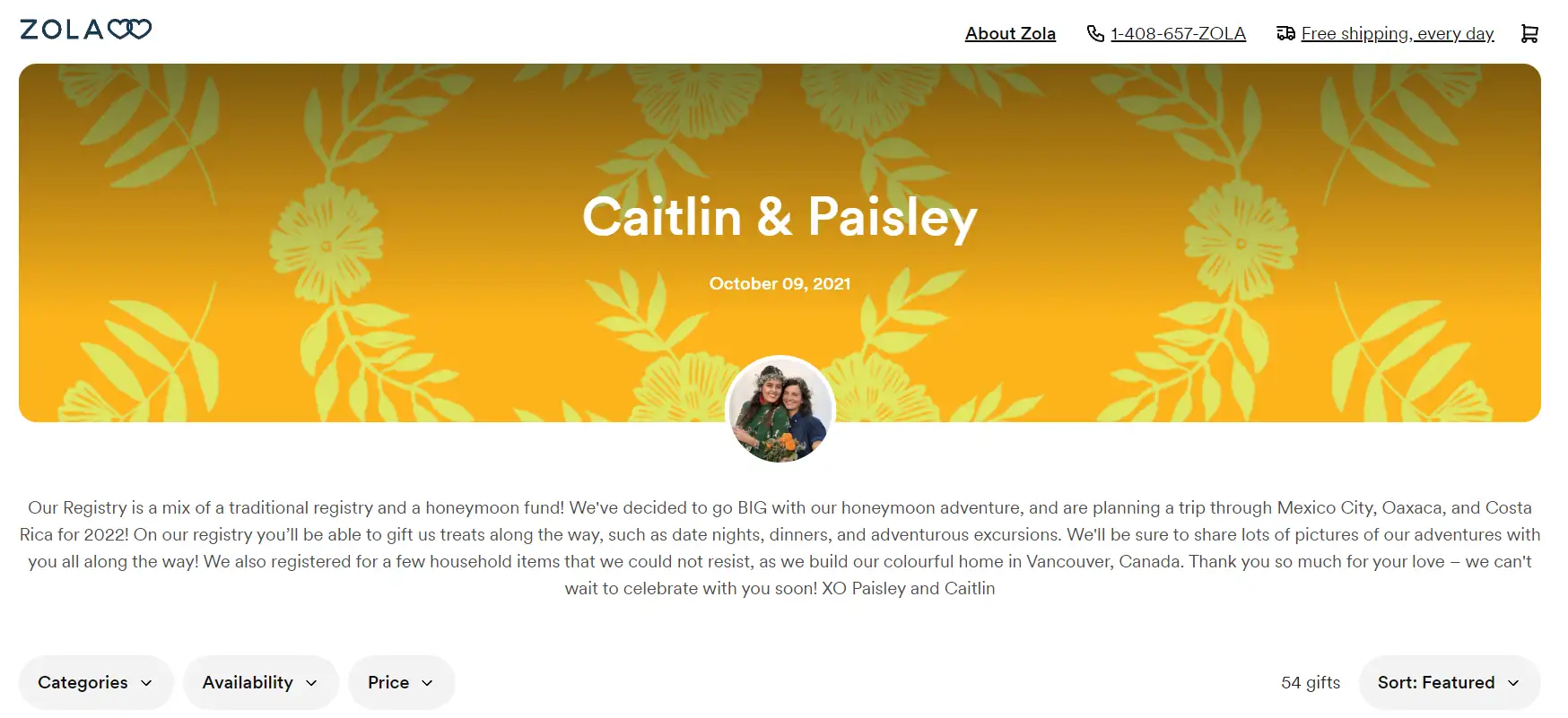 webpage of paisley and caitlin’s wedding