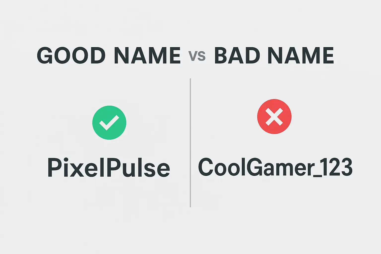 Comparison of strong vs weak YouTube channel names showing best practices. Comparison of strong vs weak YouTube channel names showing best practices.
